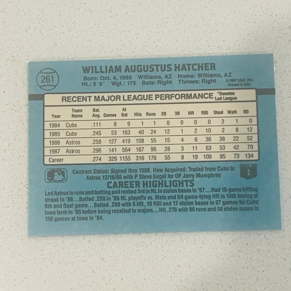 1988 Donruss Billy Hatcher 261 Houston Astros Baseball Card Outfielder Vintage